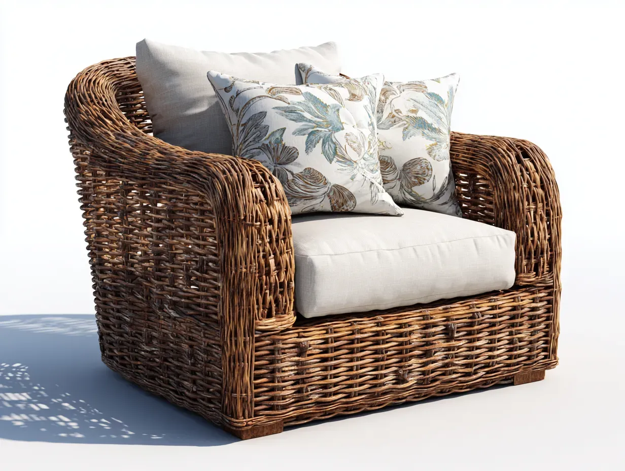 Fauteuil de jardin - rotin-bois-tissu - 94 x 89 x 83 cm - brun naturel-beige clair - style classique naturel-Sofamyhome