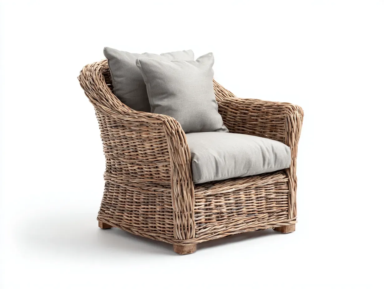 Fauteuil de jardin - rotin-bois-tissu - 89 x 83 x 81 cm - beige naturel-gris clair - style naturel élégant-Sofamyhome