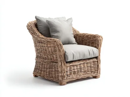 Fauteuil de jardin - rotin-bois-tissu - 89 x 83 x 81 cm - beige naturel-gris clair - style naturel élégant-Sofamyhome