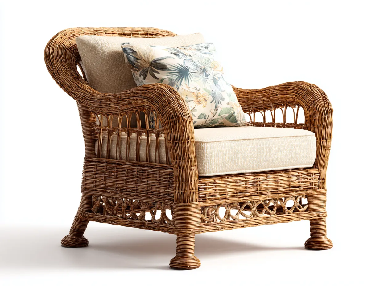 Fauteuil de jardin - rotin-bois-tissu - 91 x 86 x 85 cm - brun naturel-beige - style exotique-Sofamyhome