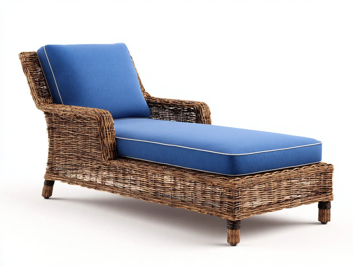 Bain de soleil - rotin synthétique-textile - 197 x 68 x 84 cm - bleu-brun - style naturel avec accoudoirs confort-Sofamyhome