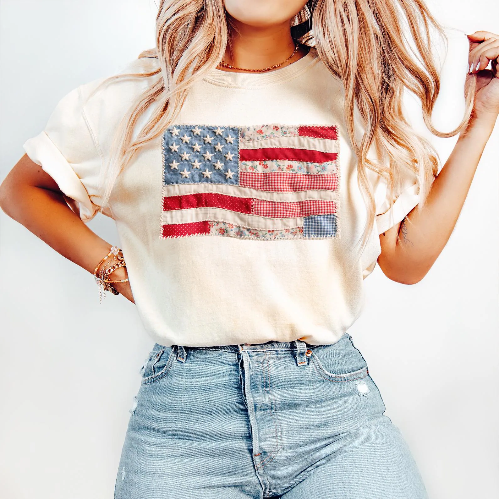 Vintage Faux Quilted USA Graphic T-shirts