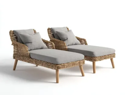 Bain de soleil - rotin synthétique-tissu-bois - 185x72x88 cm - gris-naturel - style naturel-Craftgetloft