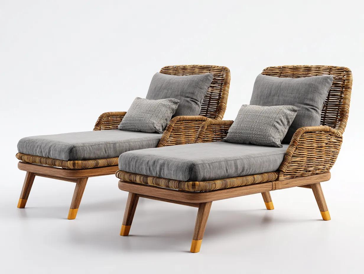 Bain de soleil - rotin synthétique-tissu-bois - 186x76x92 cm - gris-naturel - style naturel-Craftgetloft