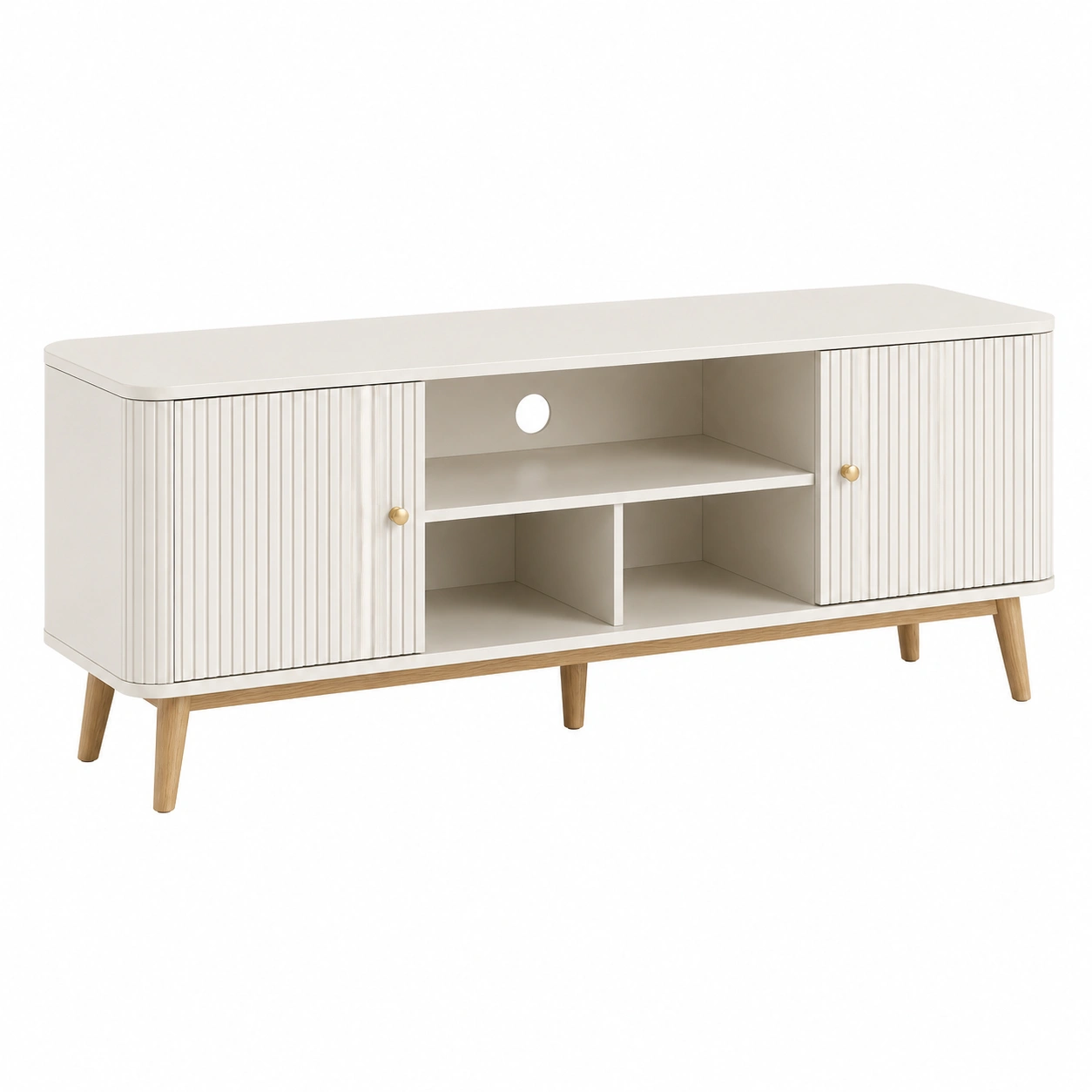 Mueble TV Moderno Minimalista con Puertas Ranuradas y Patas de Madera Blanco Crema-furnixaio