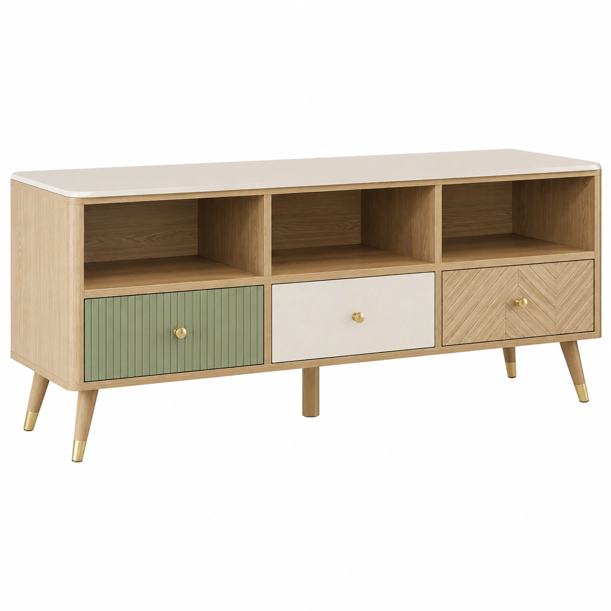 Mueble TV Nordico Moderno de Madera Natural con Cajones Decorativos y Estantes Abiertos-furnixaio