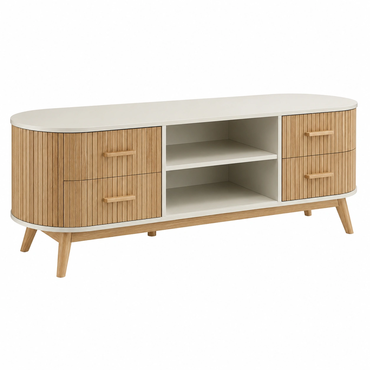 Mueble TV Nordic Curvo con Cajones Ranurados y Estantes Abiertos-furnixaio