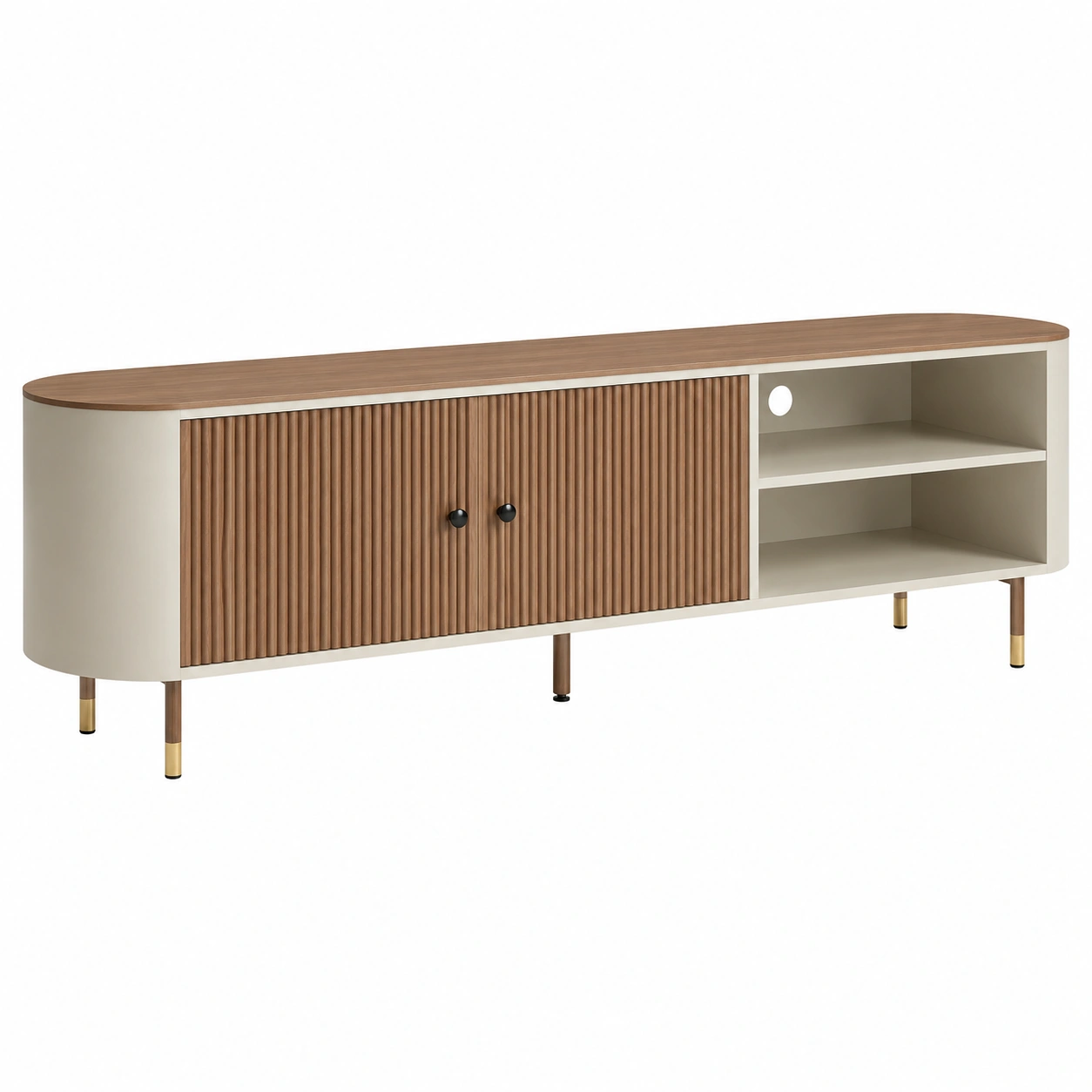 Mueble TV nordico curvo con puertas acanaladas y estantes abiertos beige y nogal-furnixaio
