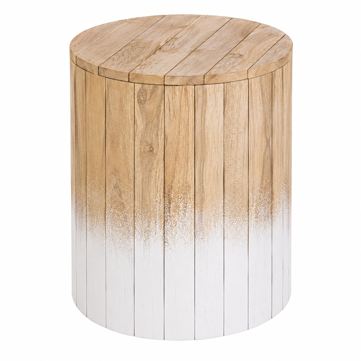 Mesa auxiliar cilindrica de madera natural estilo artesanal para salon y dormitorio Blanco/Marron-furnixaio