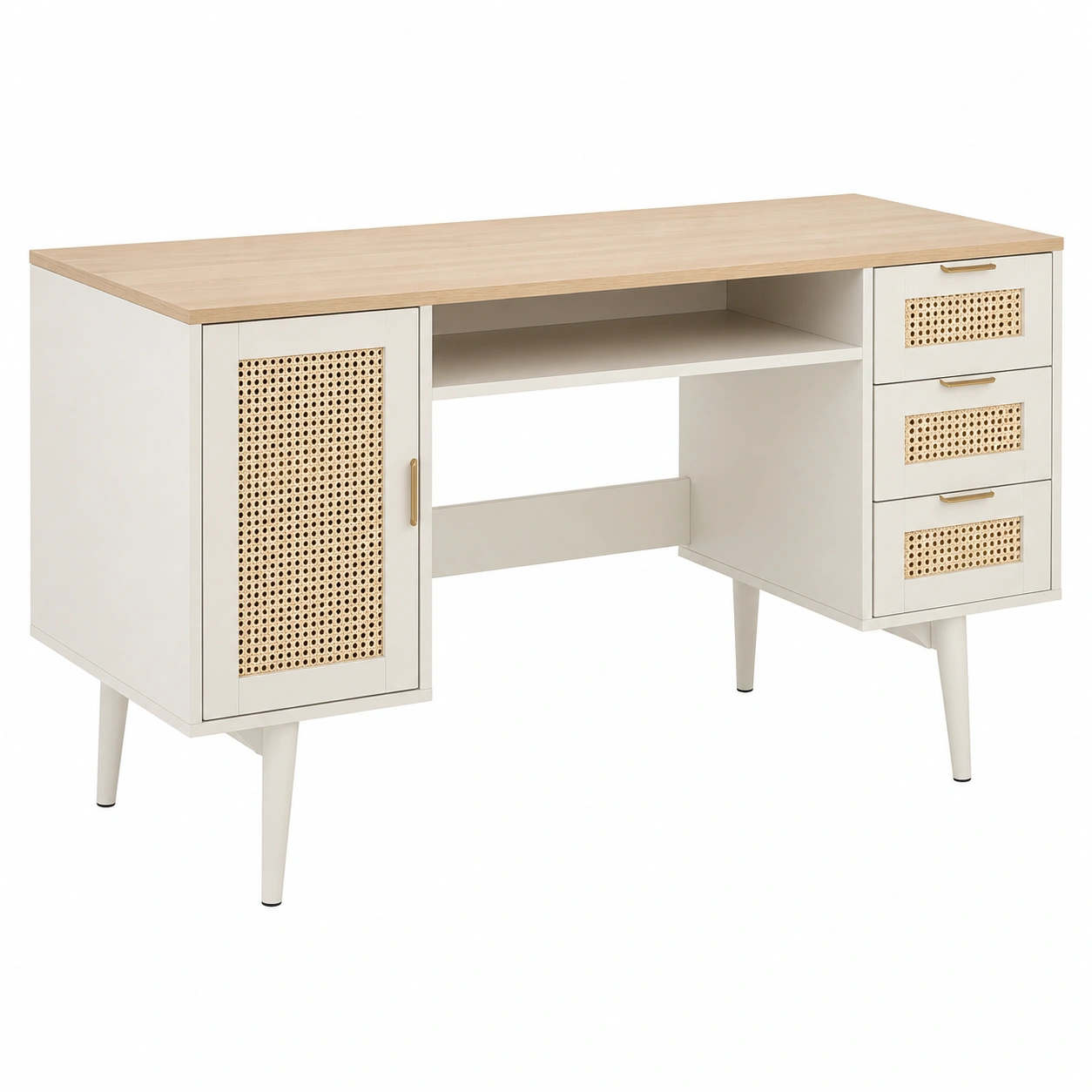Escritorio nordico con cajones y puerta de rejilla Beige y roble claro-furnixaio