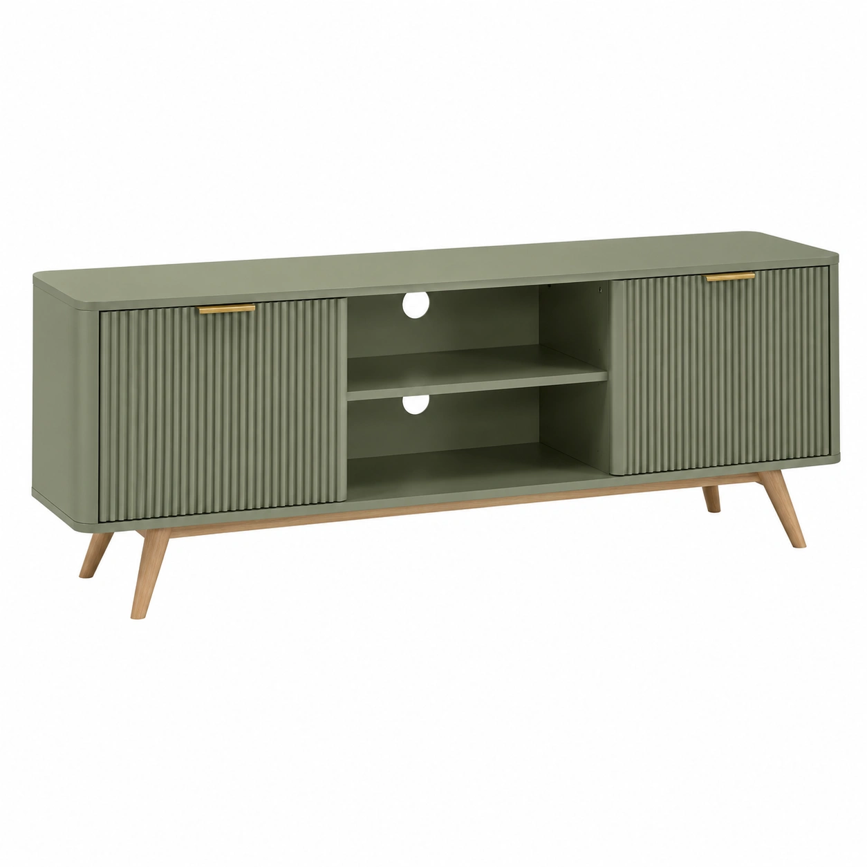 Mueble TV Nordico Verde Oliva con Puertas Ranuradas y Patas de Madera-meubaro