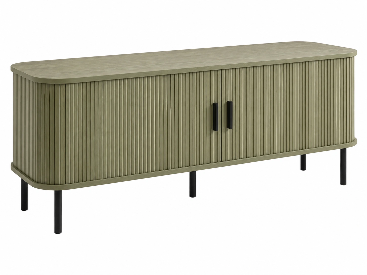 Mueble TV moderno con puertas ranuradas y patas metalicas verde oliva-meubaro