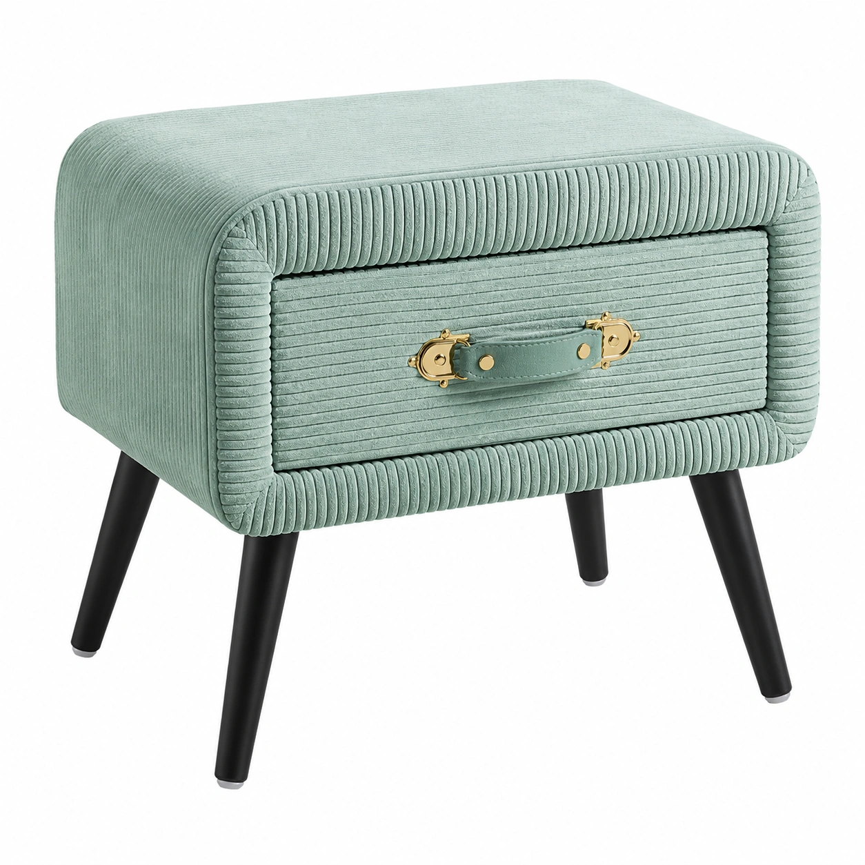 Mesita de noche moderna 1 cajon tapizada en pana verde salvia con patas negras-meubaro