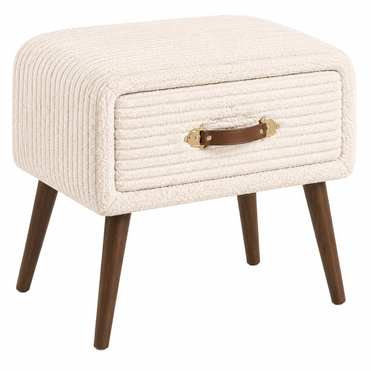 Mesita de noche moderna con 1 cajon tapizado boucle crema y patas de madera-meubaro