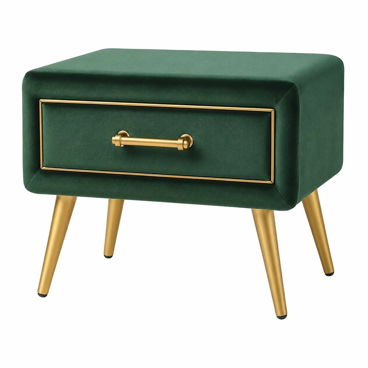 Mesita de noche moderna 1 cajon tapizada verde oscuro con patas doradas-meubaro