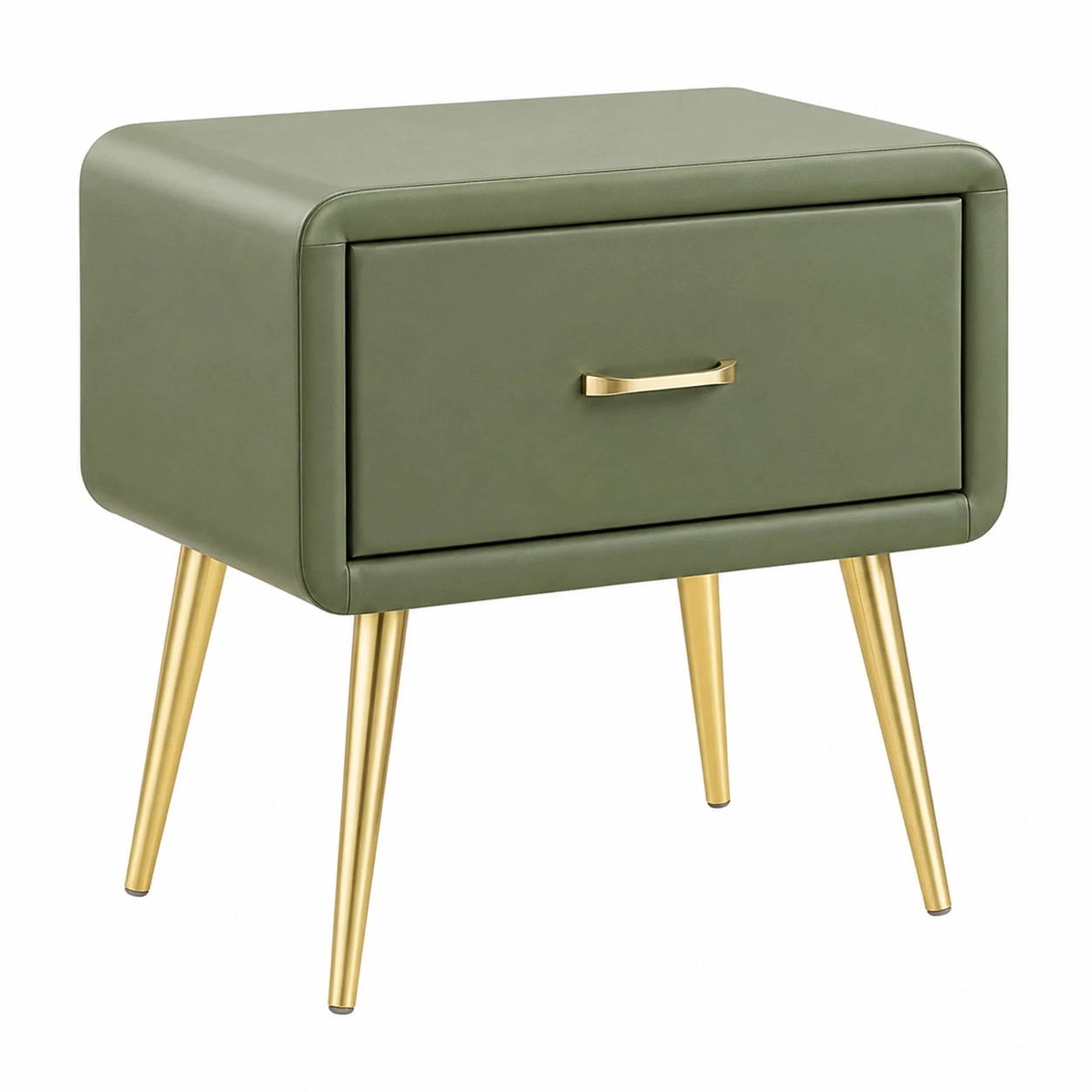 Mesita de Noche Moderna Verde Oliva con 1 Cajon y Patas Doradas Estilo Minimalista-meubaro