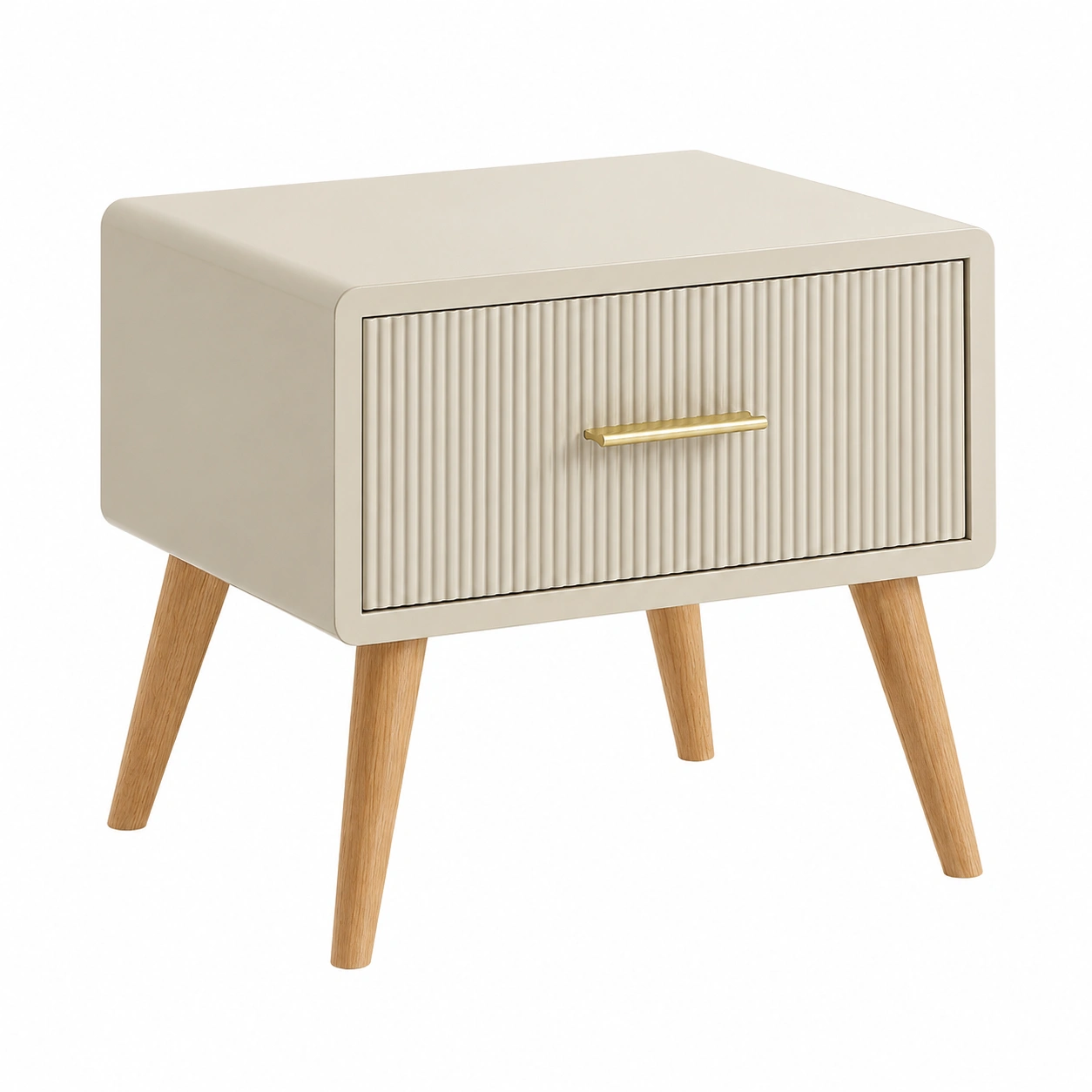 Mesita de noche nordica moderna con cajon texturizado y patas de madera natural beige claro-meubaro