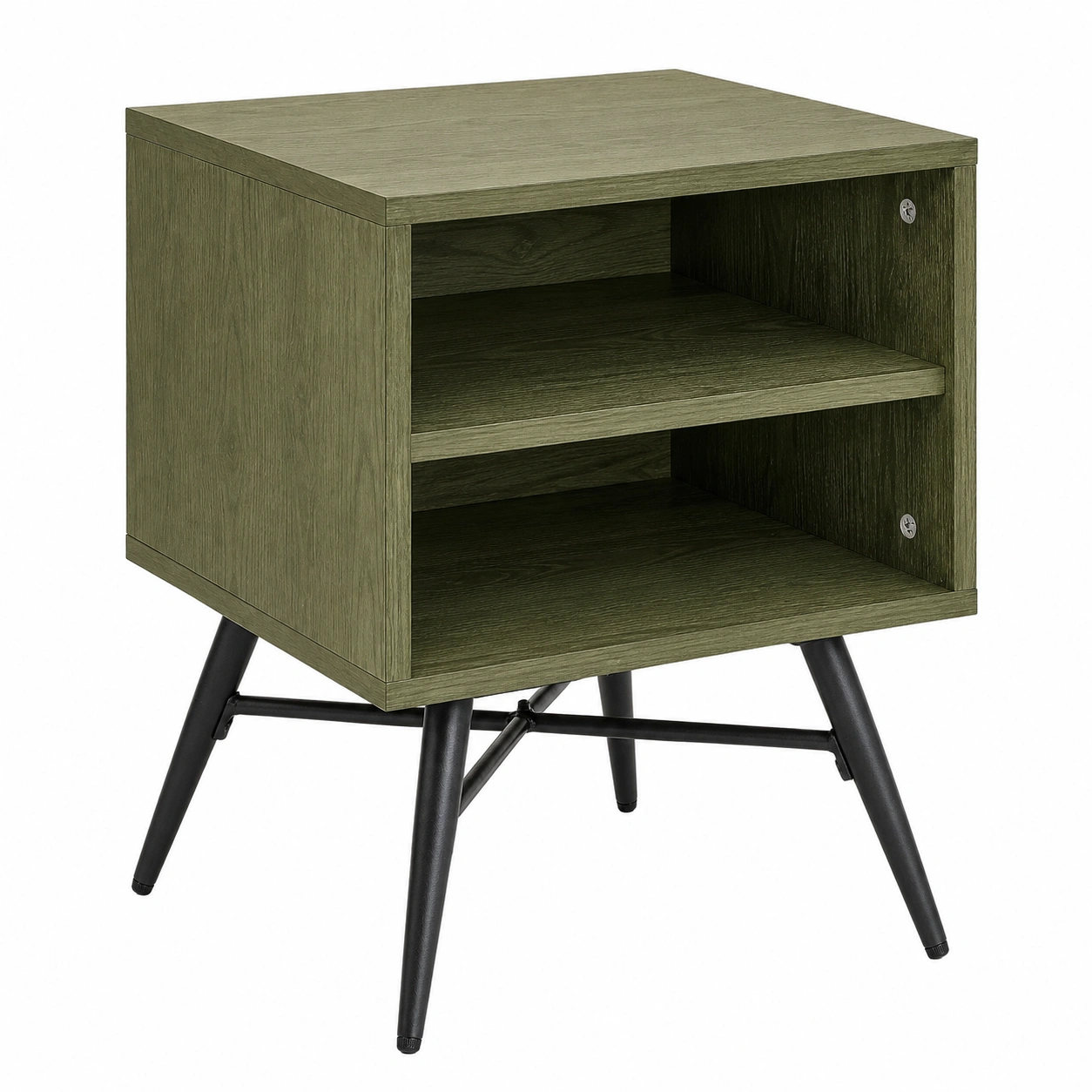 Mesa auxiliar nordica con estanteria abierta y patas metalicas efecto madera verde oliva-meubaro