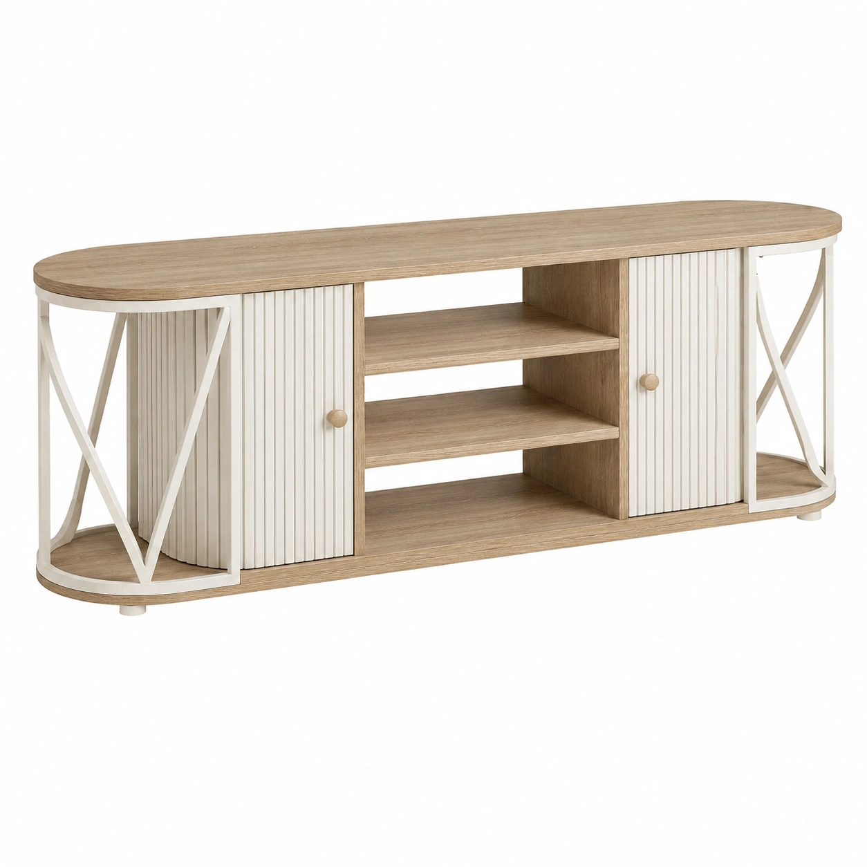 Mueble TV nordico curvo con puertas deslizantes y estantes abiertos roble claro crema-meubaro