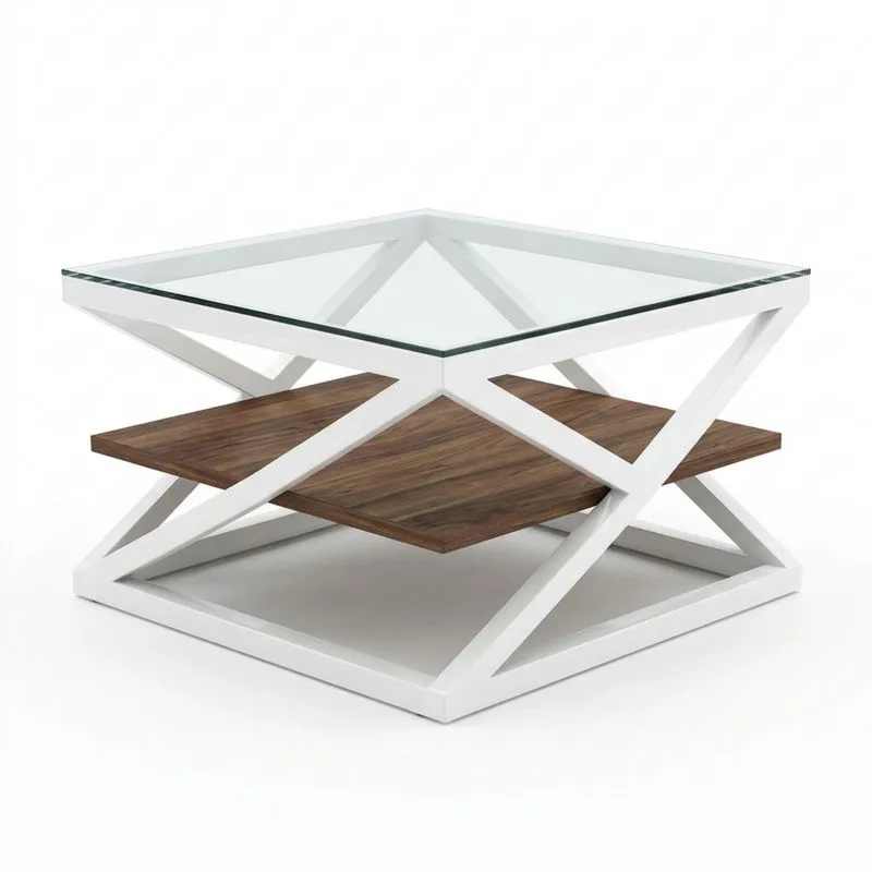 Quadratischer Couchtisch aus Glas, Stahl und Walnussfurnier, Länge 80 cm