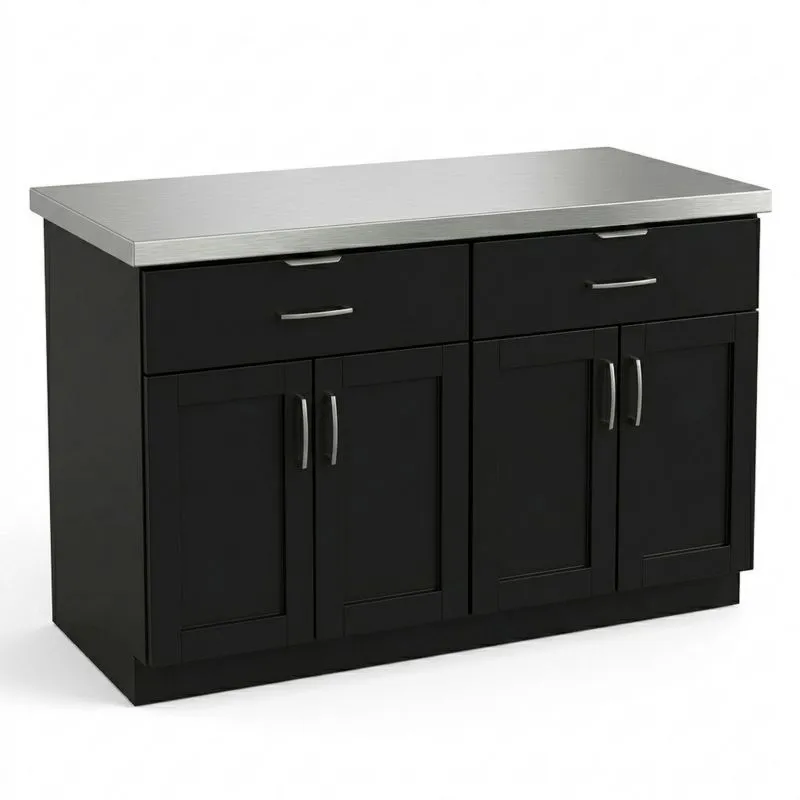 Küchenschrank Schwarz mit Edelstahl-Arbeitsplatte Länge120cm