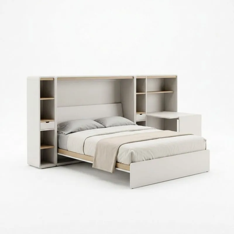 Weißes MDF-Bett mit Bücherregal und Schrank