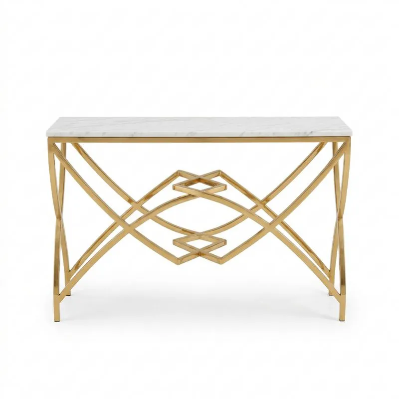 Marmortischplatte Konsolentisch mit Edelstahlrahmen, Länge120xBreite40xHöhe80 cm, Gold und Weiß