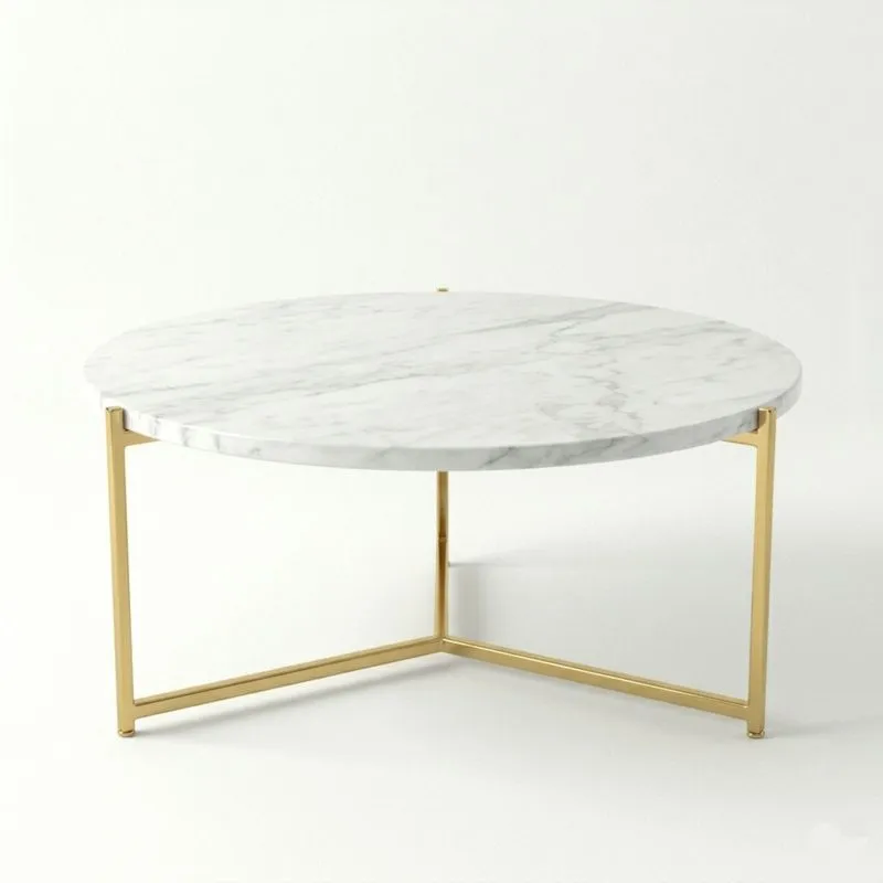 Runder Couchtisch aus Marmor und Edelstahl, Weiß/Gold, Durchmesser 90cm