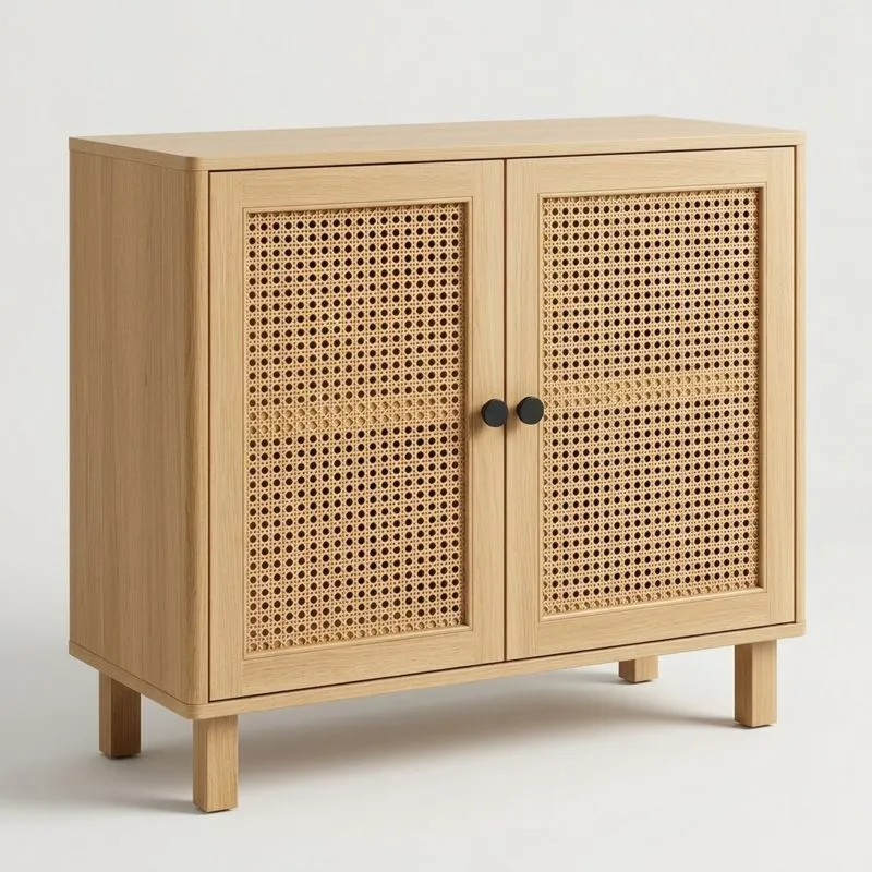 Sideboard aus Eichenholz mit Rattangeflecht