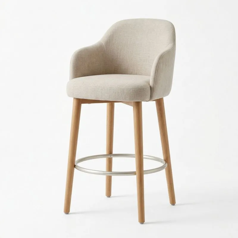 Barhocker Beige Stoff Eiche Holz