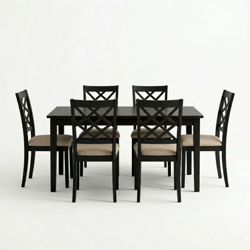 Essgruppe Tisch und Stühle aus Holz mit Polyesterpolsterung, 6 Personen, Schwarz und Beige