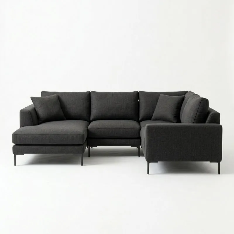 Ecksofa aus Massivholz und Stahl, Stoff in Dunkelgrau