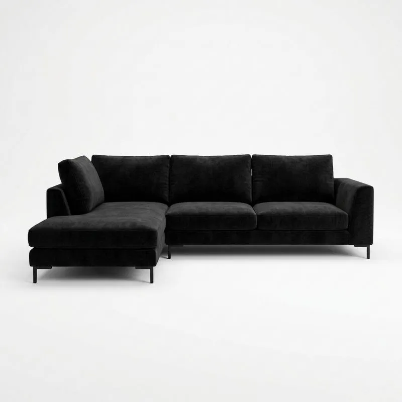 Ecksofa aus Samt in Schwarz mit Stahlbeine