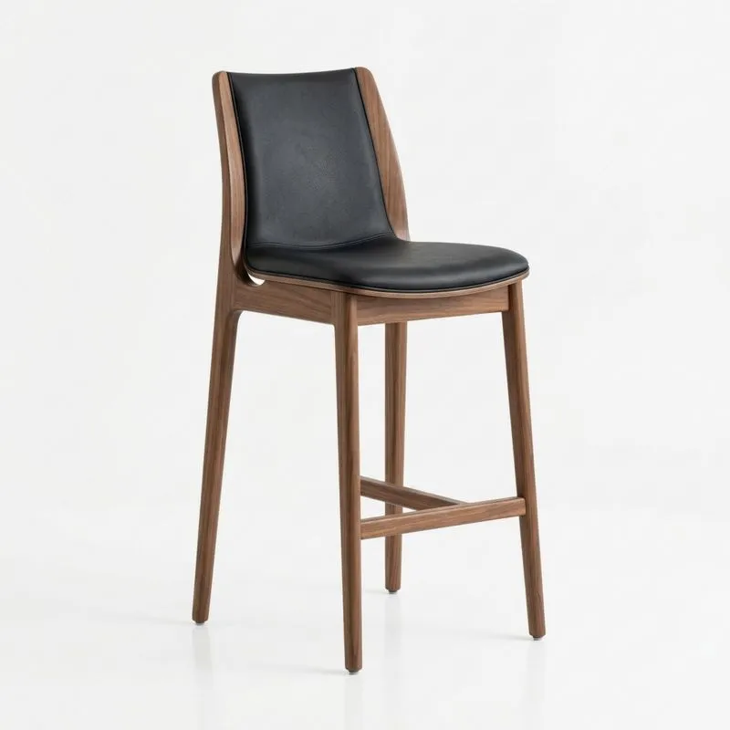 Barhocker aus Walnuss und PU-Leder Schwarz Gesamthöhe100 cm