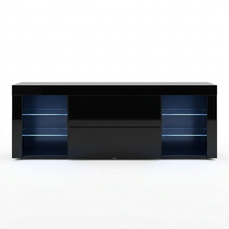 TV-Lowboard Schwarz Hochglanz mit LED-Beleuchtung und Glasregalen
