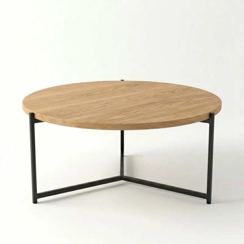 Runder Couchtisch aus Eichenholzfurnier mit Edelstahlrahmen, 80 cm Durchmesser