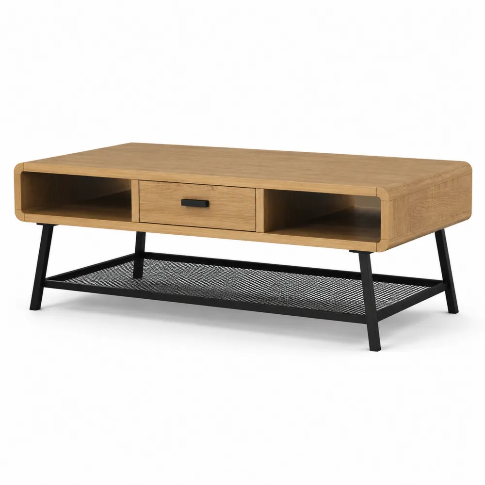 Holz Couchtisch mit Schublade und Gitterablage, 110x50x45cm-Modernhavneu