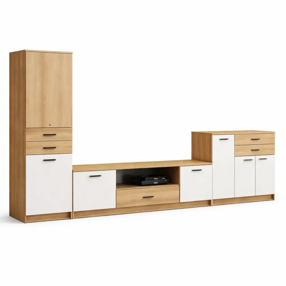 TV-Schrankwand Holz Weiß 4 Türen 3 Schubladen-Modernhavneu