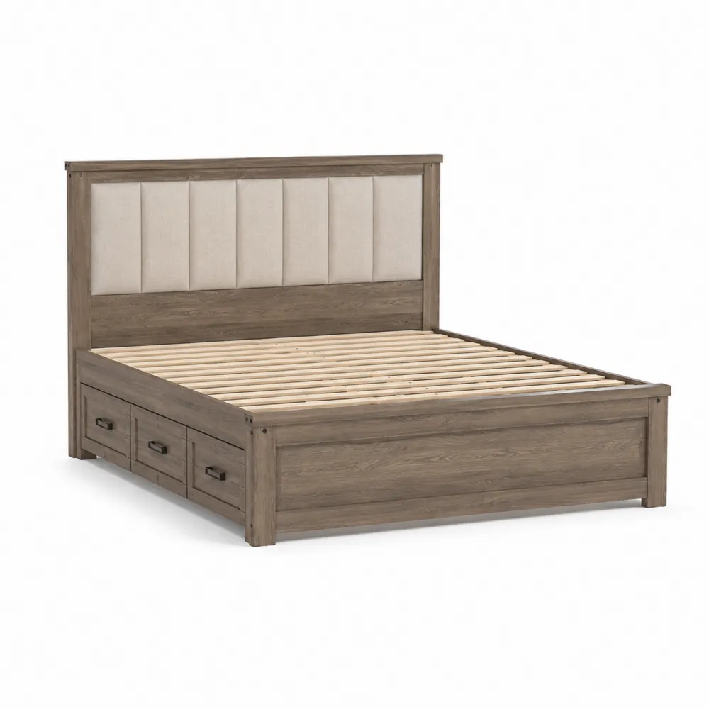 Holzbett mit Schubladen und Textilkopfteil Eiche Braun Beige 200x160 cm-Modernhavneu