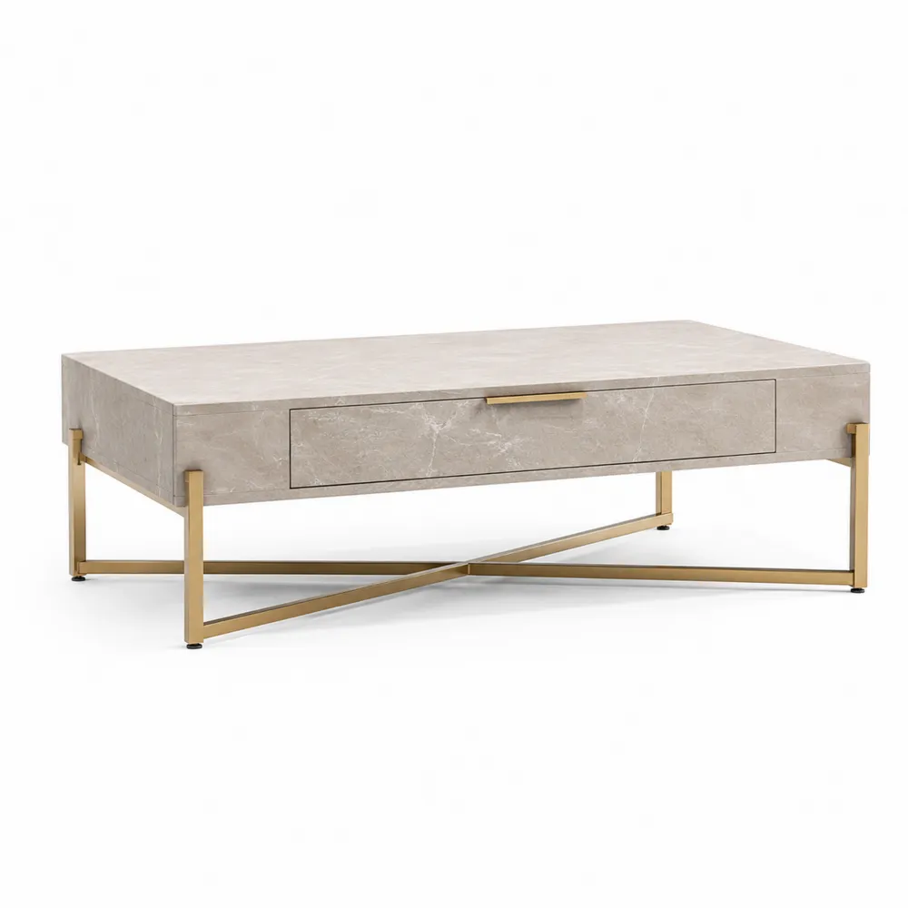 Rechteckiger Couchtisch 120x60x40 cm Marmoroptik Holz Metall Beige/Gold-Modernhavneu