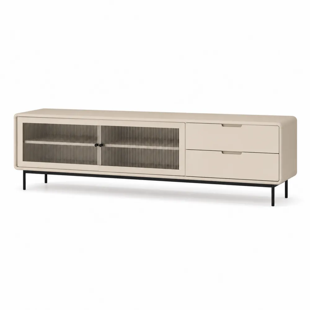 TV-Lowboard mit geriffelter Glasfront und Schubladen Creme 180x45x40cm-Modernhavneu