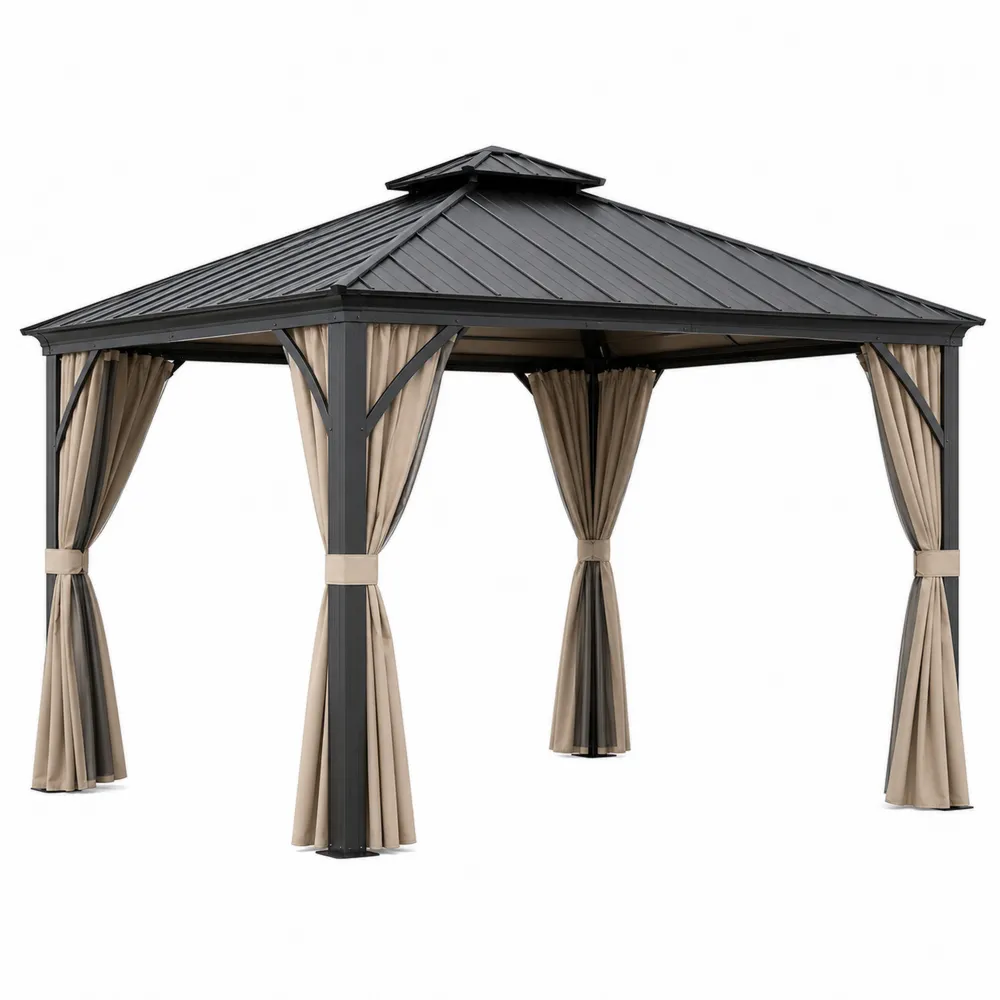 Metall Pavillon mit Aluminiumdach und Polyester Vorhängen in Anthrazit/Beige-Modernhavneu