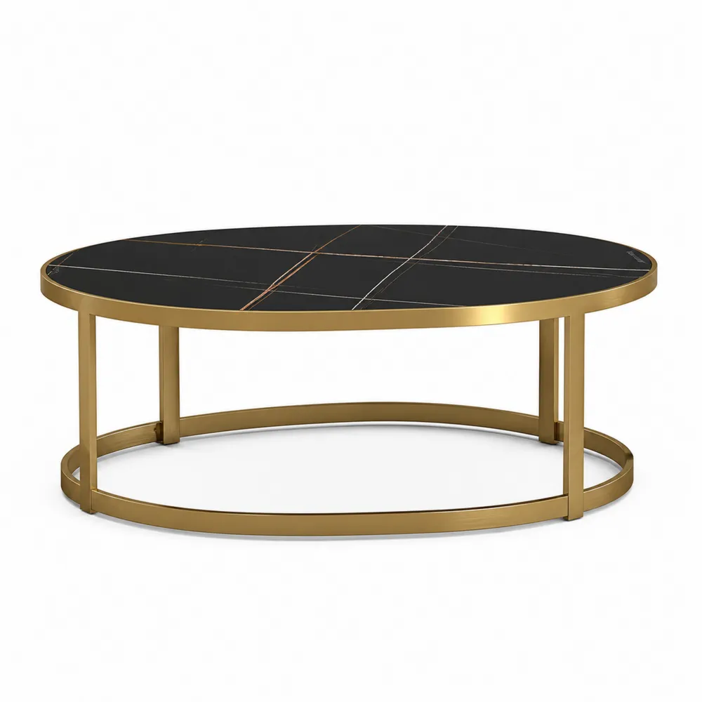 Ovaler Couchtisch aus gehärtetem Glas und Stahl, Schwarz/Gold-Modernhavneu