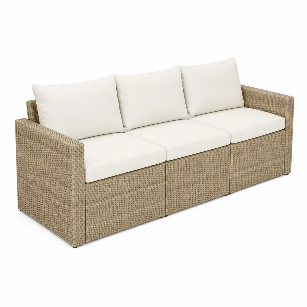 Sofa 3-osobowa z technorattanu z poduszkami kremowymi