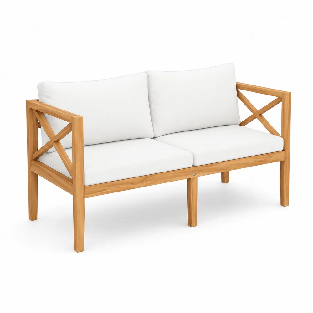 Dwuosobowa sofa z drewna teakowego z białymi poduszkami
