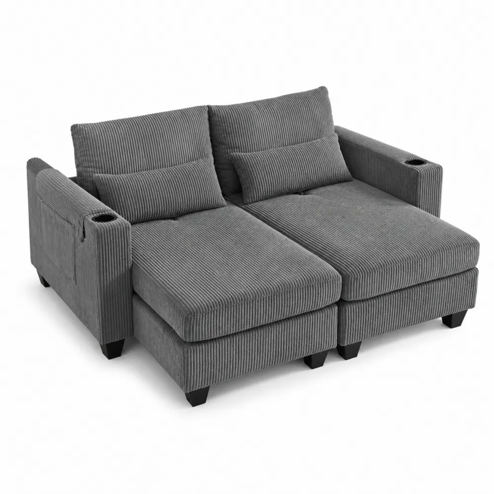 Dwuosobowa sofa sztruksowa szara z funkcją leżenia i poduszkami