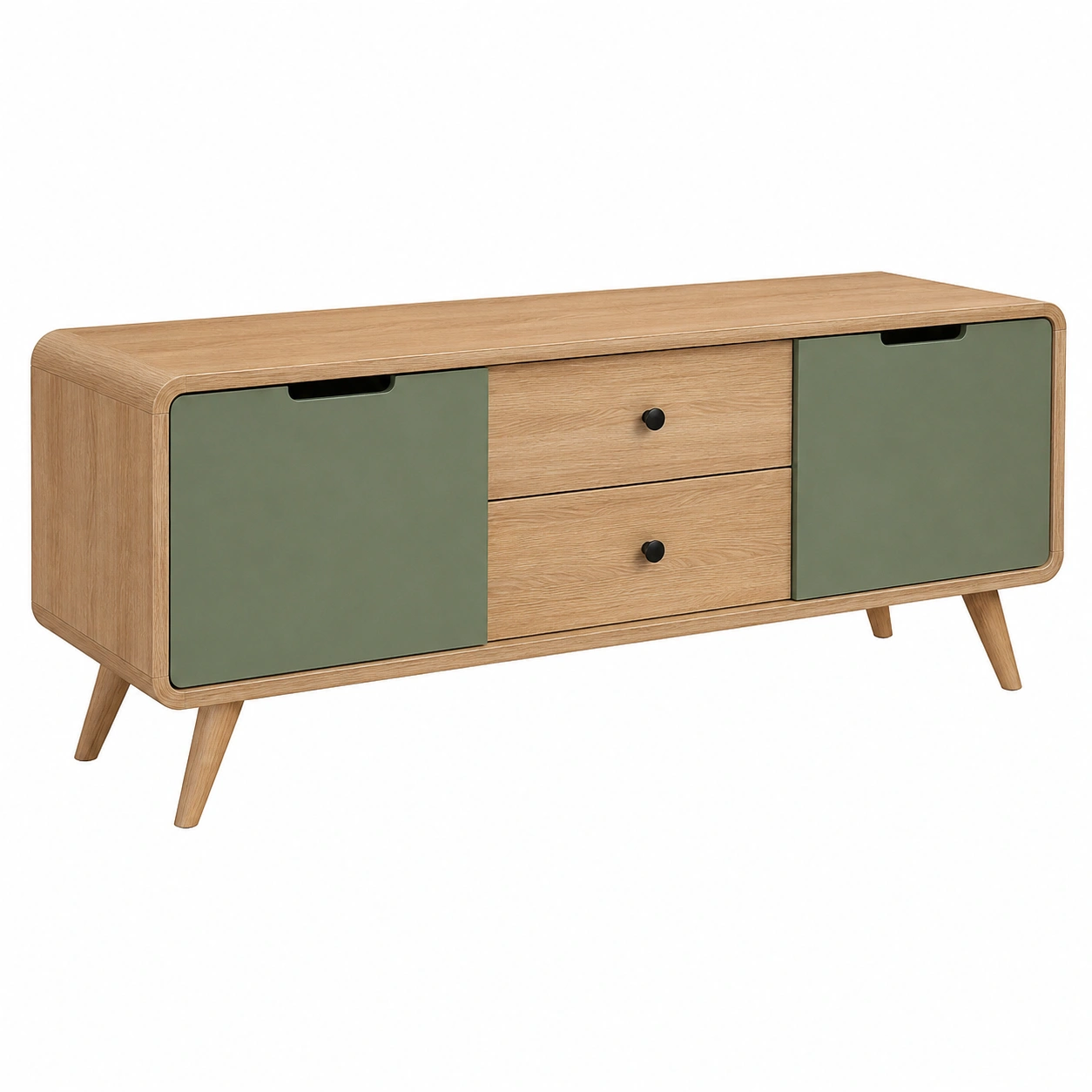 Mesa TV nordica con puertas deslizantes y cajones Verde oliva/Marron natural-homavio
