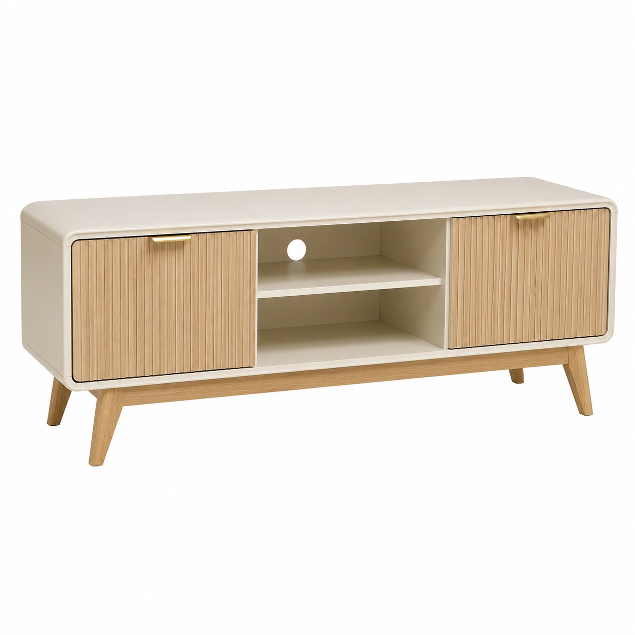 Mesa TV nordica con puertas ranuradas y estantes abiertos en beige y madera natural-homavio