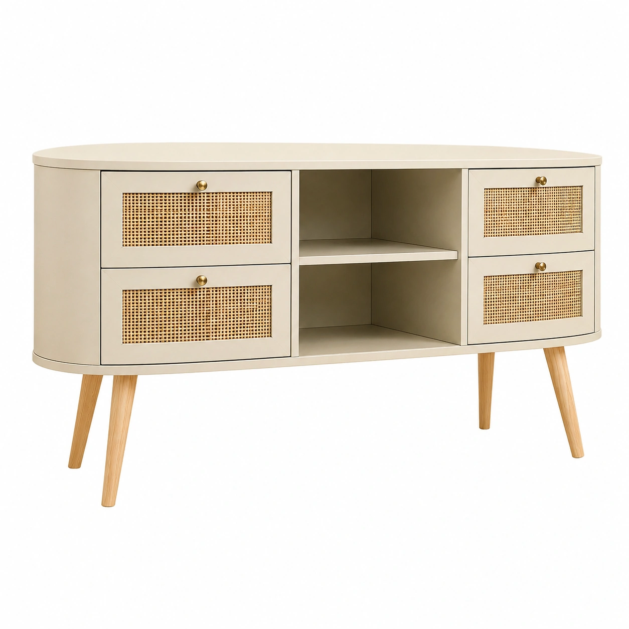 Mueble TV ovalado nordico con raton natural y estantes abiertos Beige arena-homavio