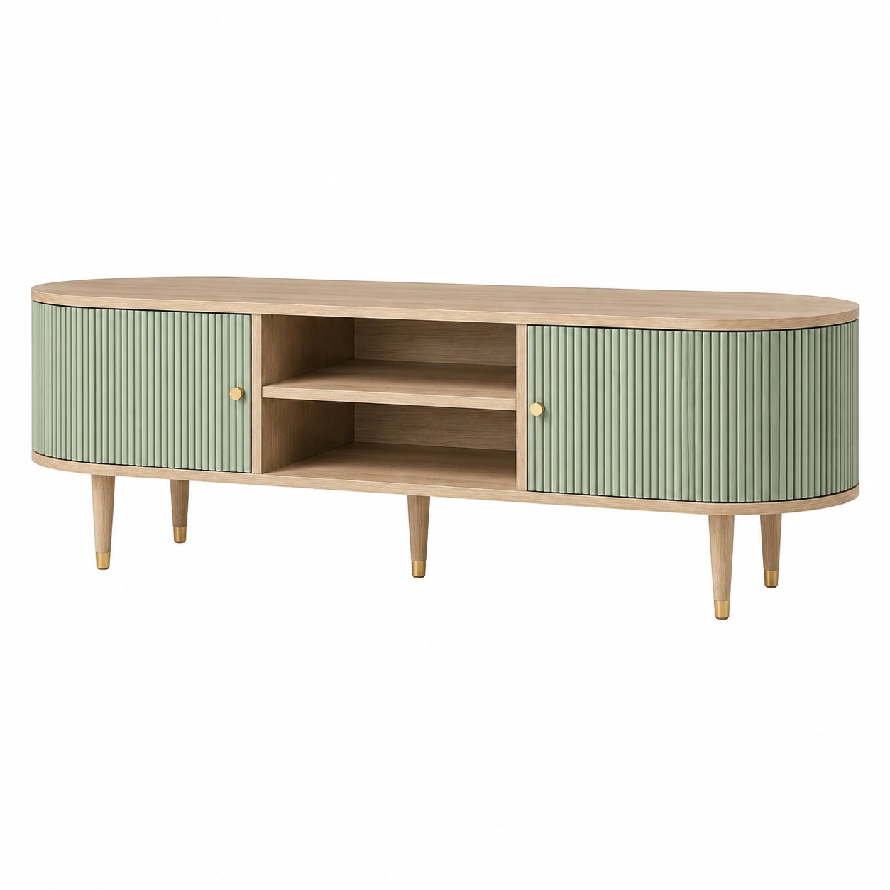 Mueble TV nordico ovalado con puertas texturizadas verde salvia y madera natural-homavio
